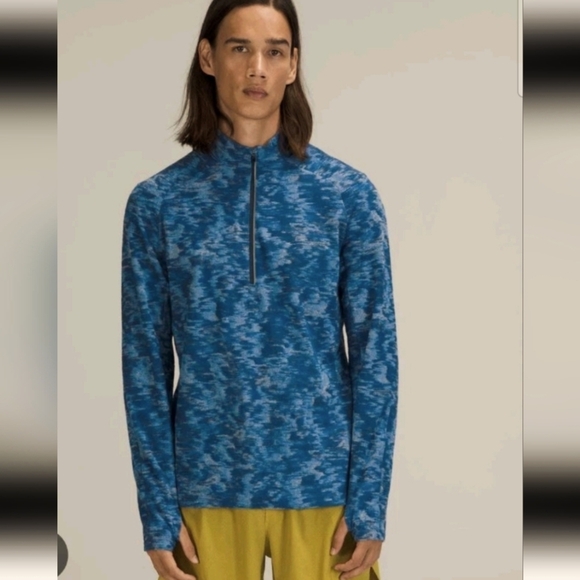 Lululemon Mens Blue Surge Warm 1/2 ZipData Rush Mini Jacquard Chambray Sweater - Picture 1 of 11